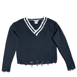 Black Distressed V Neck Sweater Girls Size 12 Academia Cozy Capsule New England‎